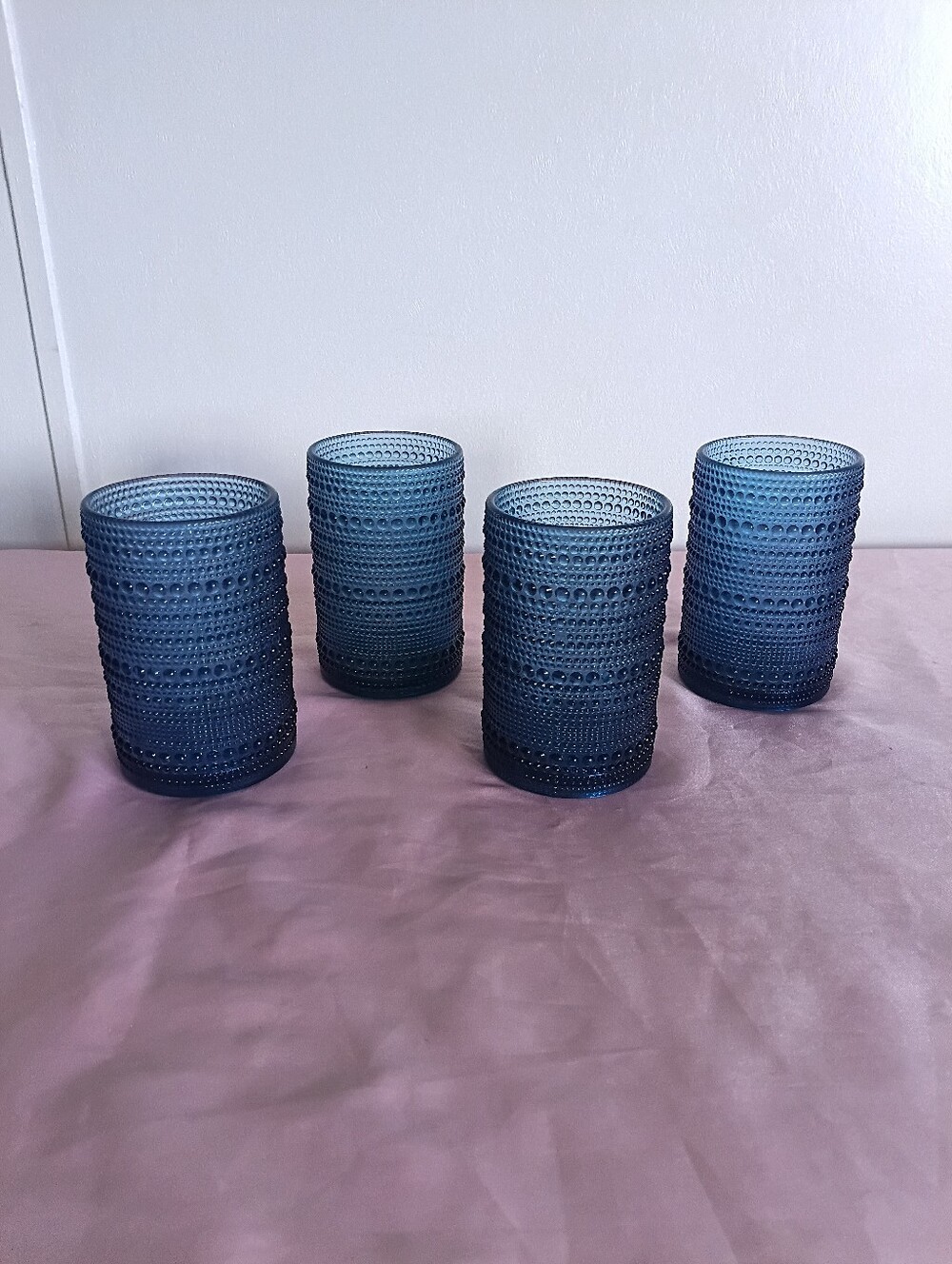 12oz  Blue Highball Glasses, Set of 4, Thick Beaded Textured Glass
